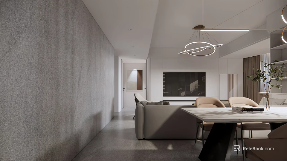 Modern Living Dining Room Interior With Sofa Dining Table Chairs And Pendant Lighting 3d model 