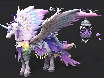 Winged Unicorn With Rainbow Colored Wings Hanging Cage Decorative Elements And Floating Petals 3d model