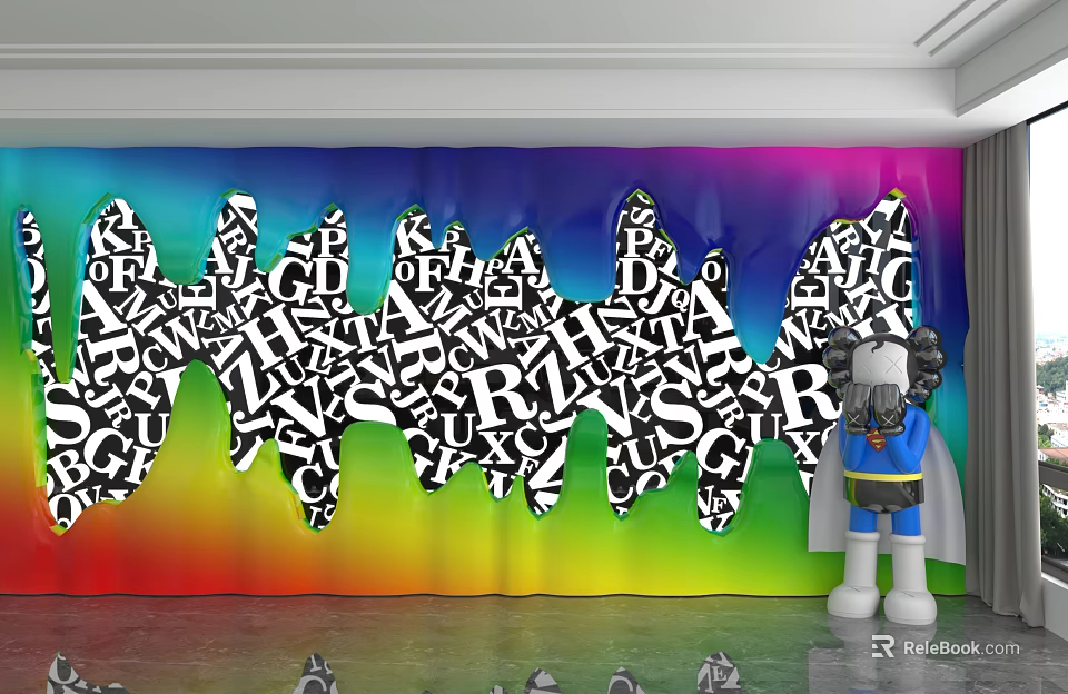 Colorful Gradient Background Wall With Black Alphabet Patterns And White Cartoon Figure 3d model 