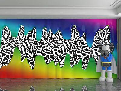 Colorful Gradient Background Wall With Black Alphabet Patterns And White Cartoon Figure 3d model