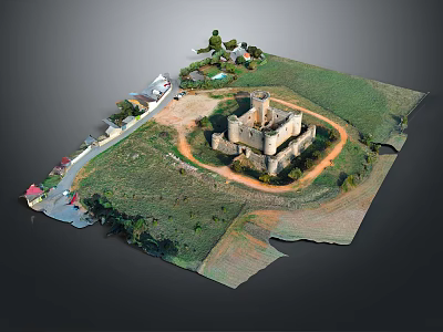 Detailed Ancient Castle Model with Circular Pathway Green Grassland and Surrounding Small Buildings 3d model