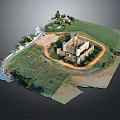 Detailed Ancient Castle Model with Circular Pathway Green Grassland and Surrounding Small Buildings