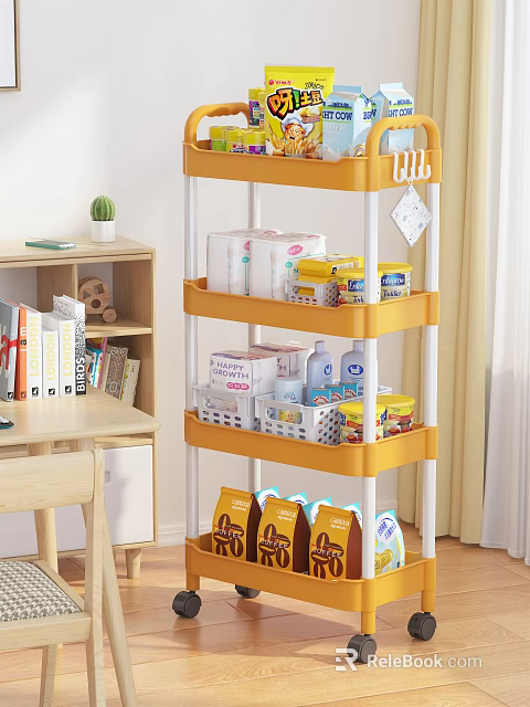 Yellow 4 Tier Storage Shelf Organizing Tissues Cans Snacks And Storage Boxes In Room 3d model 