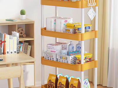 Yellow 4 Tier Storage Shelf Organizing Tissues Cans Snacks And Storage Boxes In Room 3d model