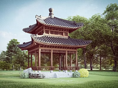 Traditional Chinese Pavilion With Multi Tiered Tiled Roof And Wooden Columns In Green Garden 3d model