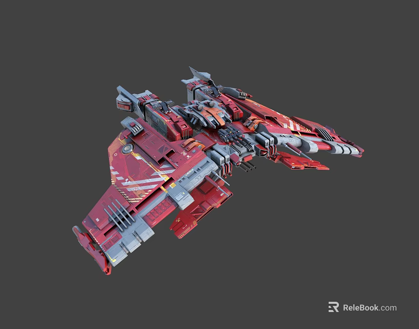 Detailed Red Sci-Fi Mechanical Spaceship Featuring Intricate Armor and Weapon Components 3d model 