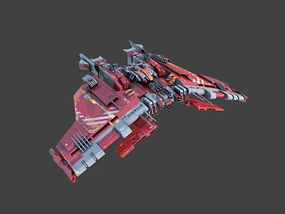 Detailed Red Sci-Fi Mechanical Spaceship Featuring Intricate Armor and Weapon Components 3d model