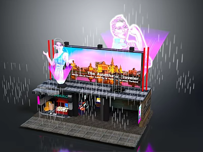 Modern Urban Building Featuring Large Fashion Showcase Billboard Lady Projection and Rain Droplets 3d model