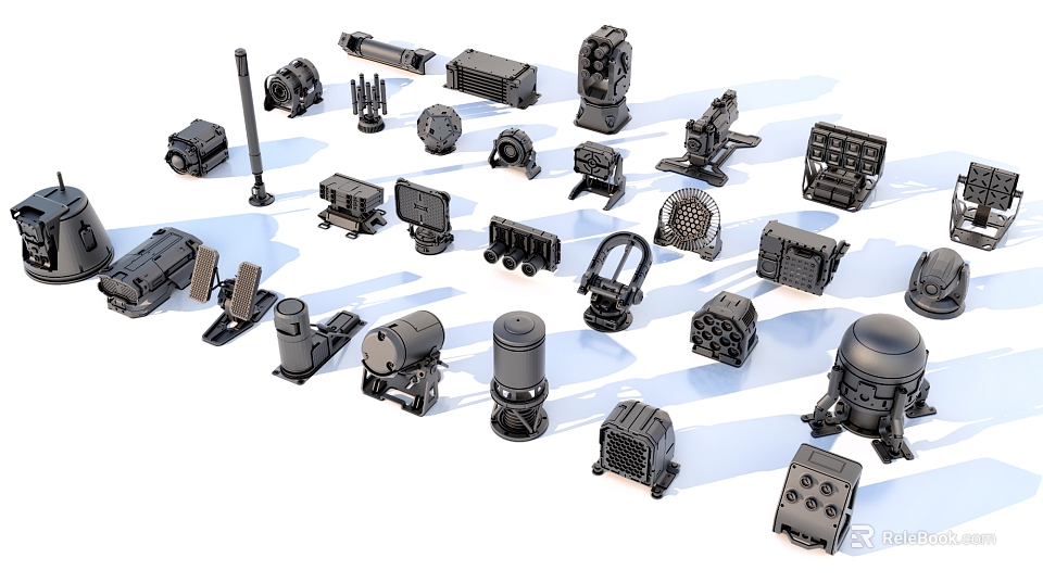 Various Weapon Parts Including Barrels Scopes Magazines And Mechanical Components On White Background 3d model 
