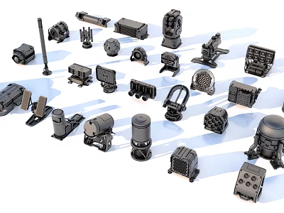 Various Weapon Parts Including Barrels Scopes Magazines And Mechanical Components On White Background 3d model