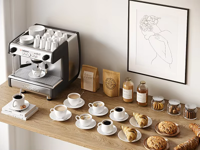 Cozy Coffee Setup With Espresso Machine Cups Jars And Pastries 3d model