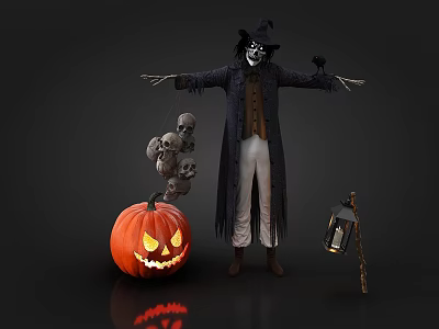 Game Movie Skeleton Character With Black Long Coat Hat Pumpkin Lantern Skulls And Lantern 3d model