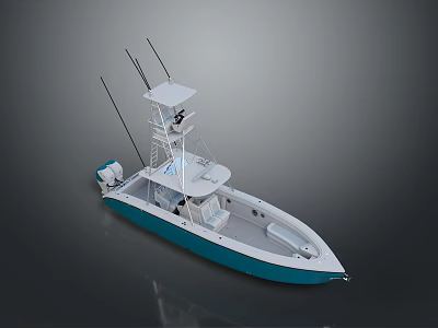 Blue And White Small Boat With Cabin Ladder Deck And Navigation Antennas 3d model