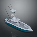 Blue And White Small Boat With Cabin Ladder Deck And Navigation Antennas