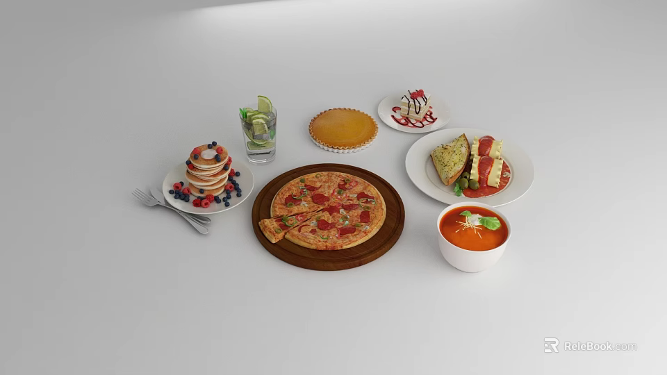 Assorted Delicious Food With Pizza Pancakes Pie Sandwich Soup Berries And Fresh Drink 3d model 