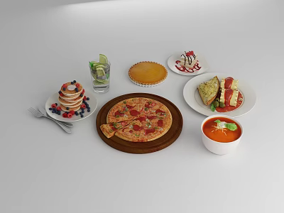 Assorted Delicious Food With Pizza Pancakes Pie Sandwich Soup Berries And Fresh Drink 3d model