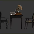 Vintage Wooden Desk With Leather Chair Table Lamp Books Open Notebook Coffee Cups And Gramophone
