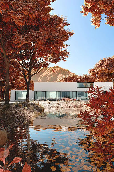 White Single Family House With Large Windows Surrounded By Red Leaf Trees And Pond 3d model