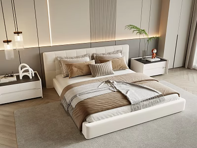Modern Double Bed with Beige Upholstered Headboard Soft Bedding Nightstands and Decorative Wall 3d model