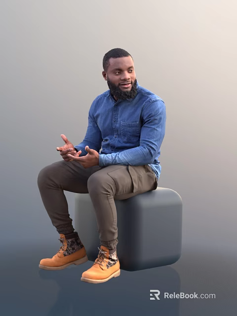 Man In Blue Denim Shirt Brown Pants Sitting On Gray Cube Gesturing With Hands 3d model 