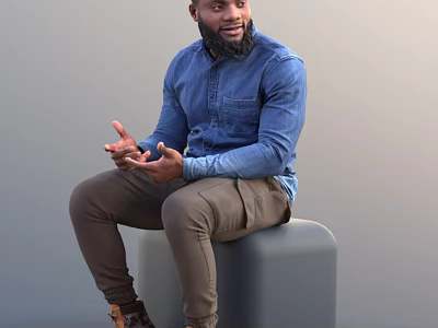 Man In Blue Denim Shirt Brown Pants Sitting On Gray Cube Gesturing With Hands 3d model
