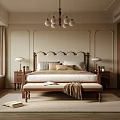 Cozy Elegant Bedroom Interior With Wooden Bed Chandelier Bench Nightstands And Rug