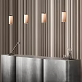 Vertical Striped Textured Wall Panel With Pendant Lights And Reception Desk