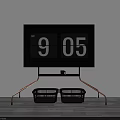 Black Flip Clock Showing 905 With Copper Stand Two Black Baskets White Wall Gray Floor