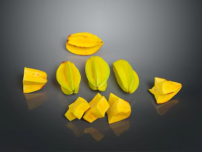 Yellow Star Fruit Whole And Sliced Pieces On Dark Background With Reflection 3d model