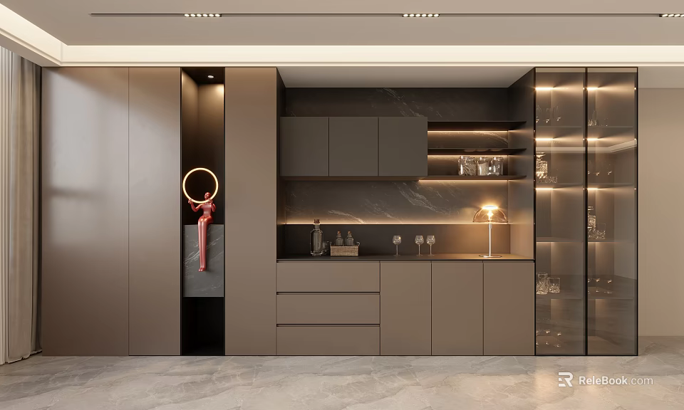 Modern Luxury Sideboard Cabinet With Gray Doors Marble Countertop And LED Lighting 3d model 