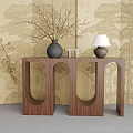 Traditional Wooden Console Table With U Shaped Legs Black Vase Branches And Patterned Screen