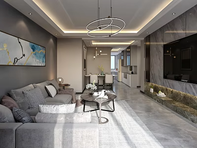 Modern Open Layout Living And Dining Room With Elegant Marble Decor And Soft Warm Lighting 3d model