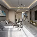 Modern Open Layout Living And Dining Room With Elegant Marble Decor And Soft Warm Lighting