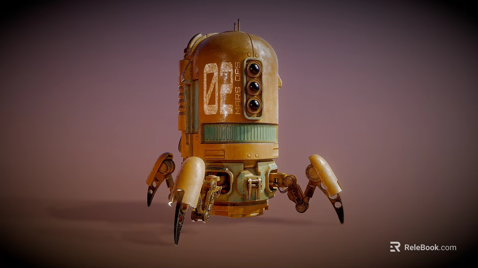 Vintage Robot Character With Multiple Eyes Yellow Body And Mechanical Legs 3d model 
