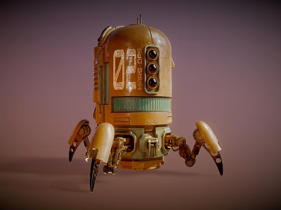 Vintage Robot Character With Multiple Eyes Yellow Body And Mechanical Legs 3d model
