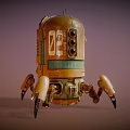 Vintage Robot Character With Multiple Eyes Yellow Body And Mechanical Legs