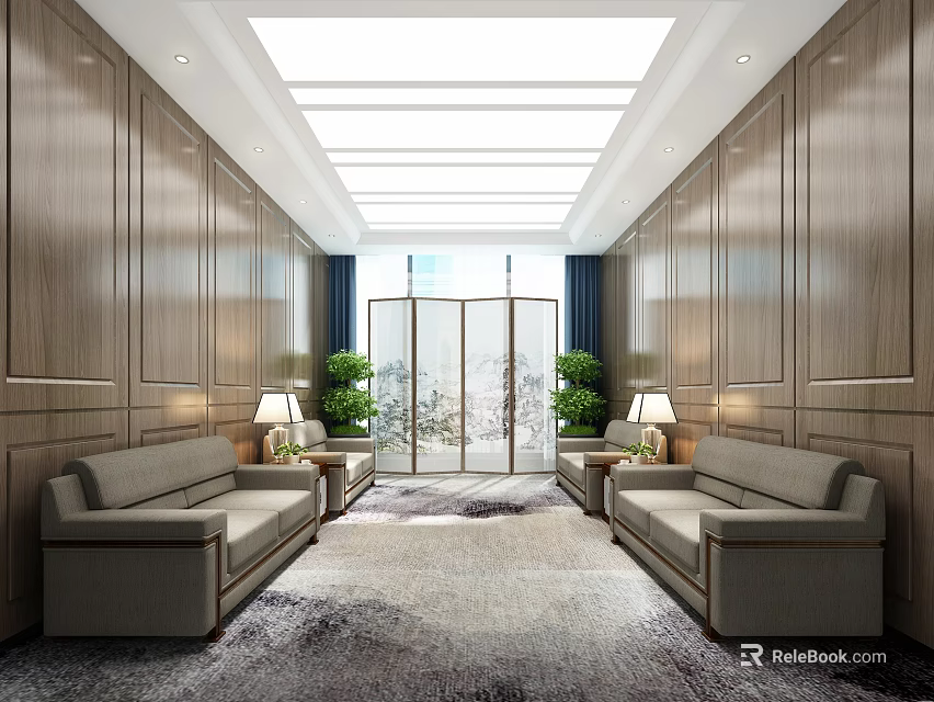 Bright Hotel Public Lounge Area With Wooden Walls Light Gray Sofas Green Plants And Skylight 3d model 