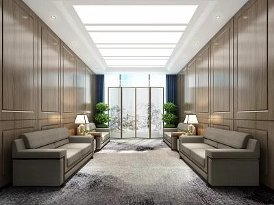 Bright Hotel Public Lounge Area With Wooden Walls Light Gray Sofas Green Plants And Skylight 3d model