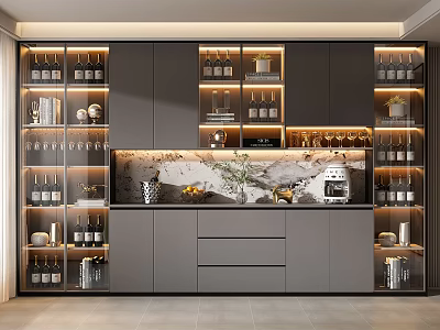 Elegant Modern Wine Cabinet With Glass Doors And Layered Storage For Wine Bottles And Glasses 3d model