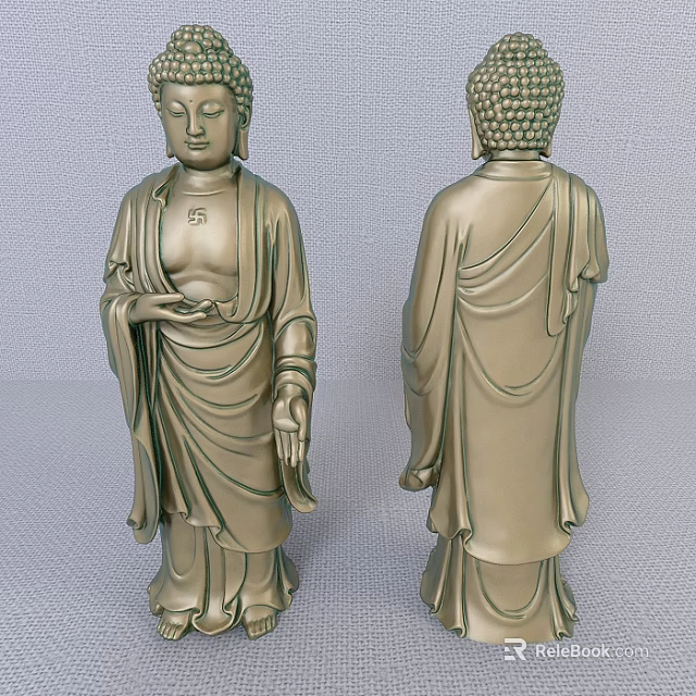 Exquisite Carved Buddha Sculpture with Detailed Robe Front and Back View 3d model 