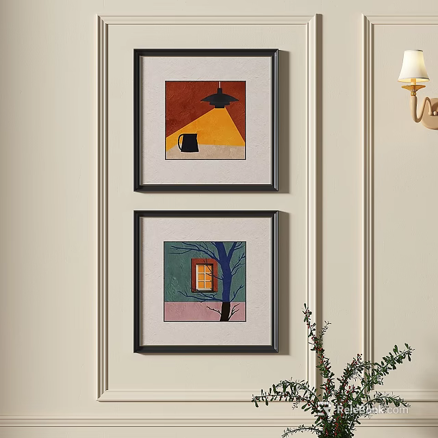 Abstract Paintings On Interior Wall With Red Yellow Green Backgrounds Black Object Window And Tree 3d model 