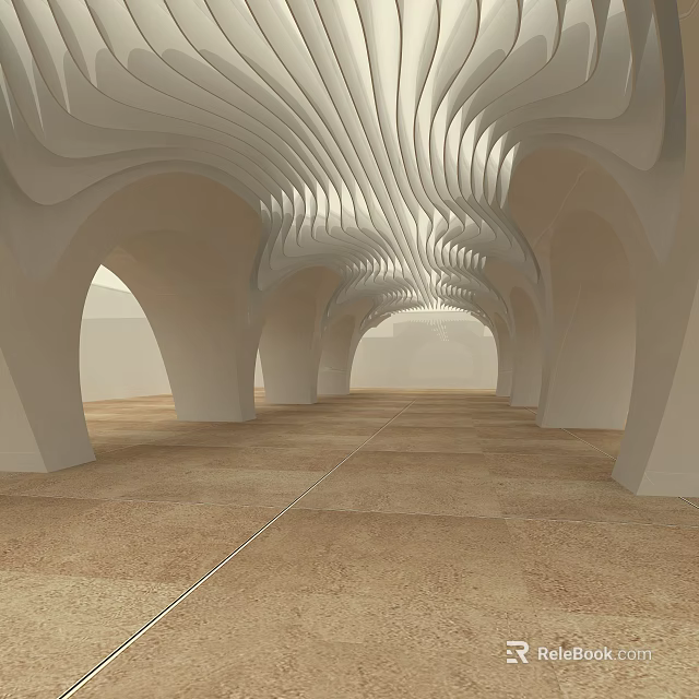 Modern Airport Interior With Curved White Ceiling Arched Structures And Brown Tiled Floor 3d model 