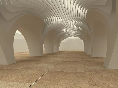 Modern Airport Interior With Curved White Ceiling Arched Structures And Brown Tiled Floor 3d model