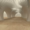 Modern Airport Interior With Curved White Ceiling Arched Structures And Brown Tiled Floor