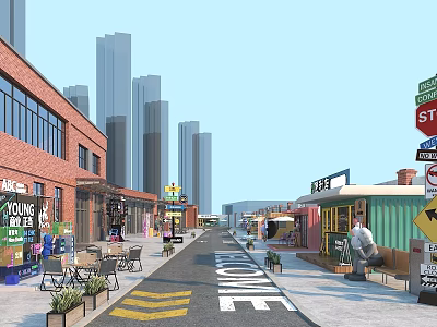 Vibrant Commercial Street With Storefronts Container Shops Outdoor Seating And Signs 3d model
