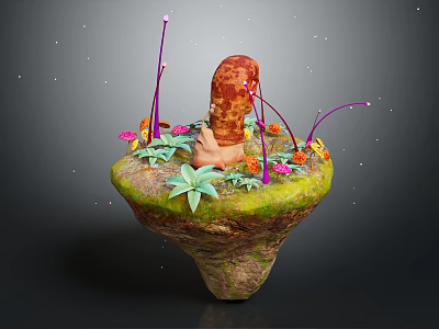 Cartoon Floating Island Scene With Colorful Flowers Green Plants And Purple Glowing Vines 3d model
