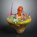 Cartoon Floating Island Scene With Colorful Flowers Green Plants And Purple Glowing Vines
