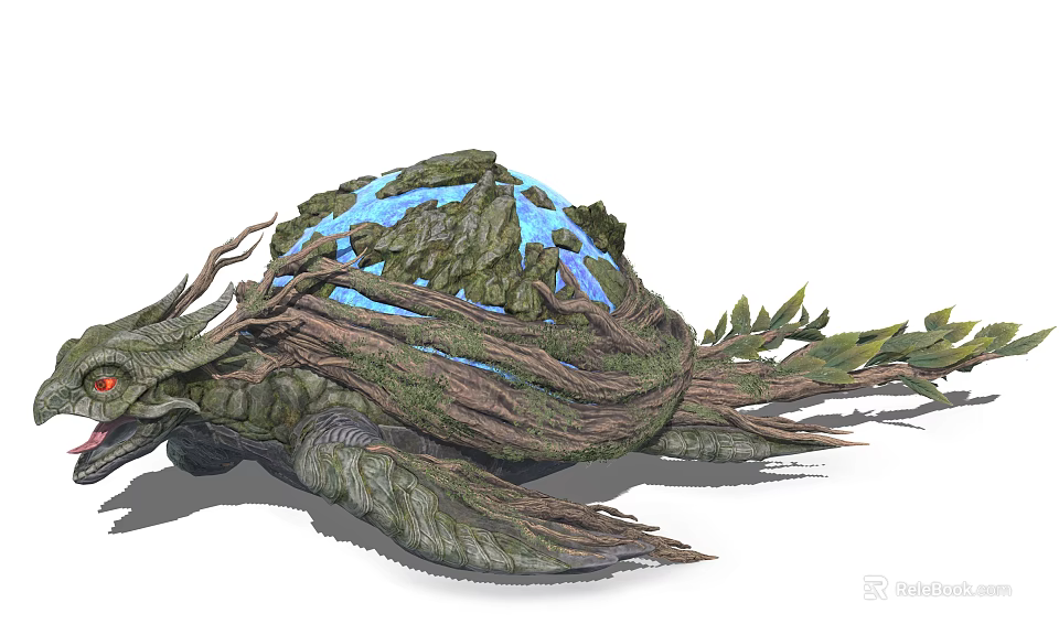 Mythical Turtle Like Creature With Green Vegetation Blue Water Root Structures And Red Eyes 3d model