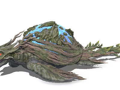 Mythical Turtle Like Creature With Green Vegetation Blue Water Root Structures And Red Eyes 3d model