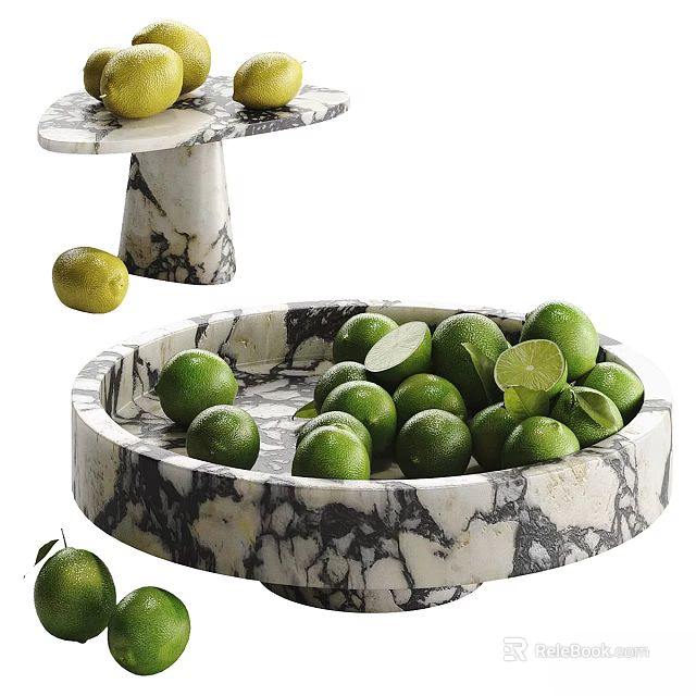Fresh Green Limes in Marble Plates with Whole and Sliced Pieces 3d model 